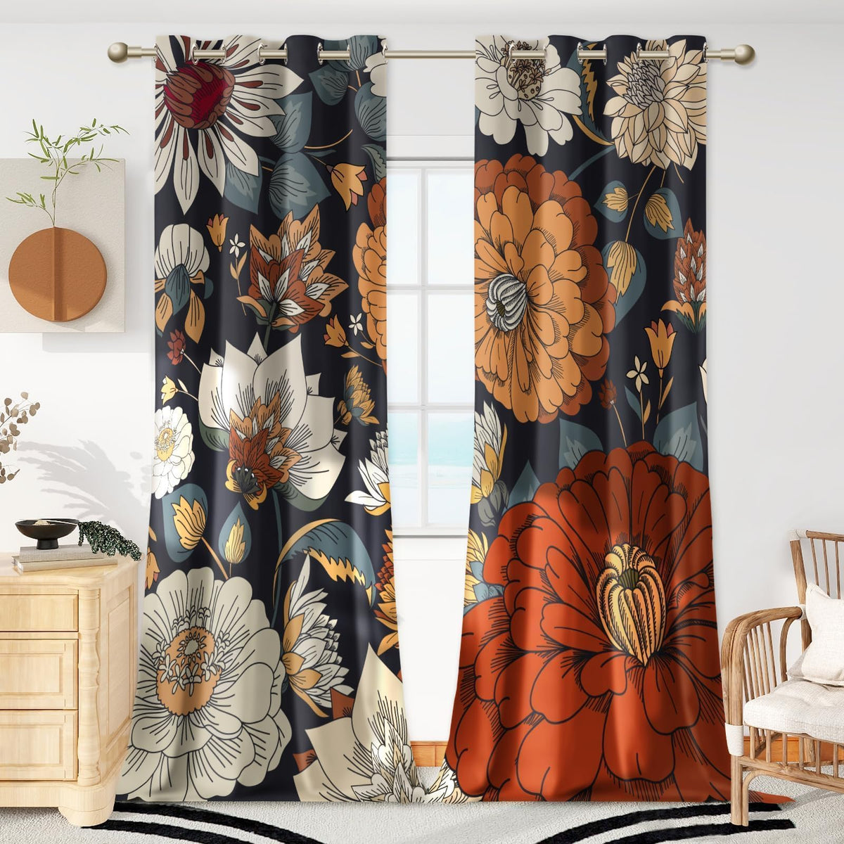 Tyrot Black Boho Floral Grommet Blackout Curtains, 52W x 84L, 2 Panels