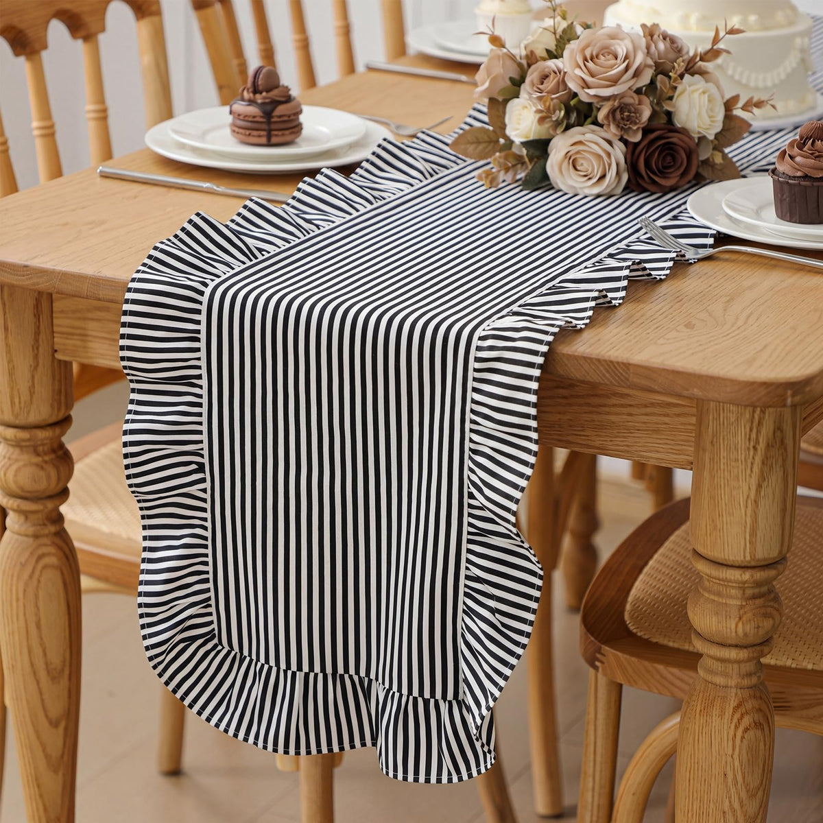 Ruffled Table Runner, Vertical Stripe Yellow, Natural Cotton