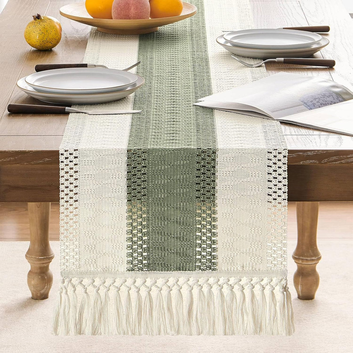 ZeeMart Macrame Style Bicolor Stitching Table Runner 14x72in Green