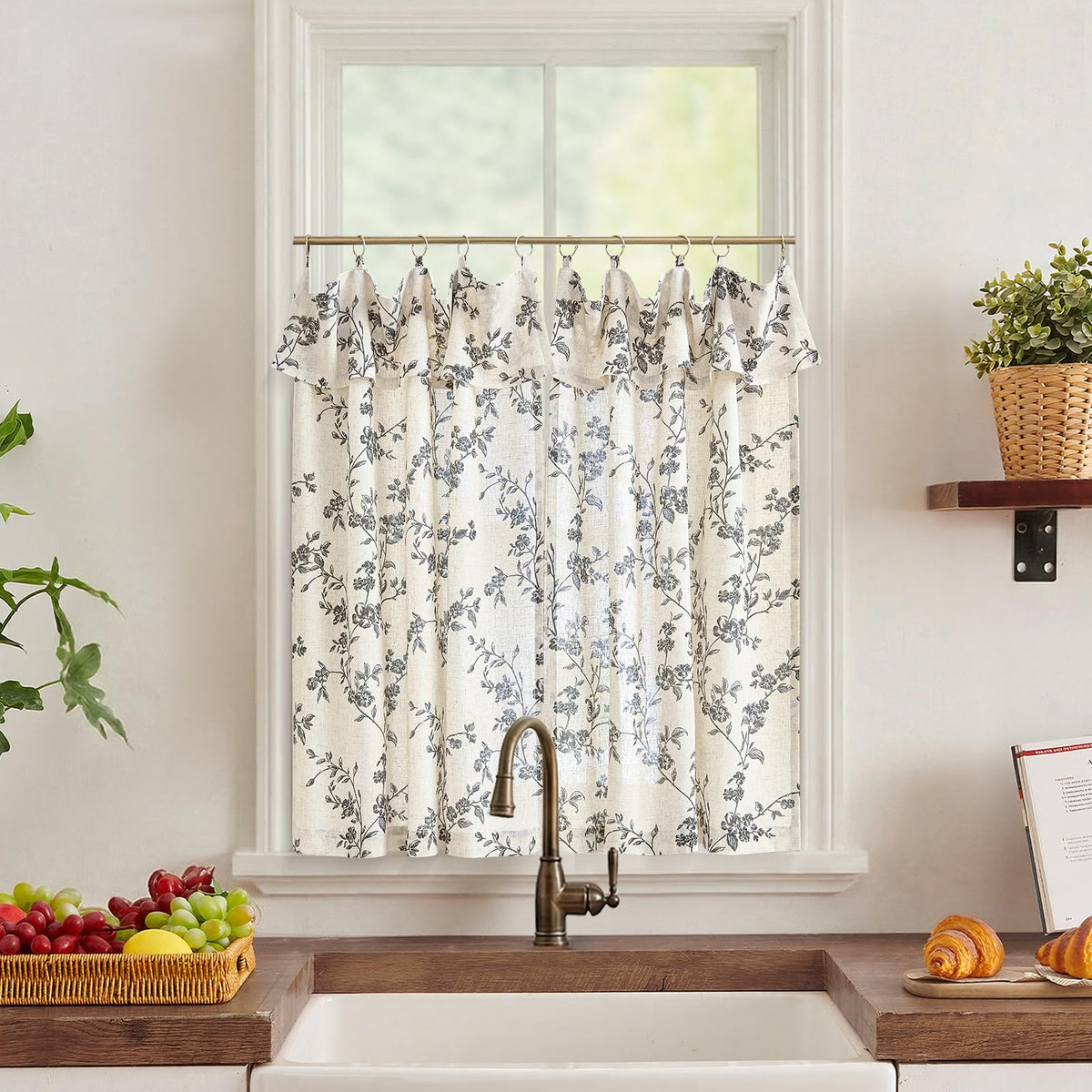 jinchan Floral Linen Kitchen Tier Curtains, 36 Inch, 2 Panels, Green