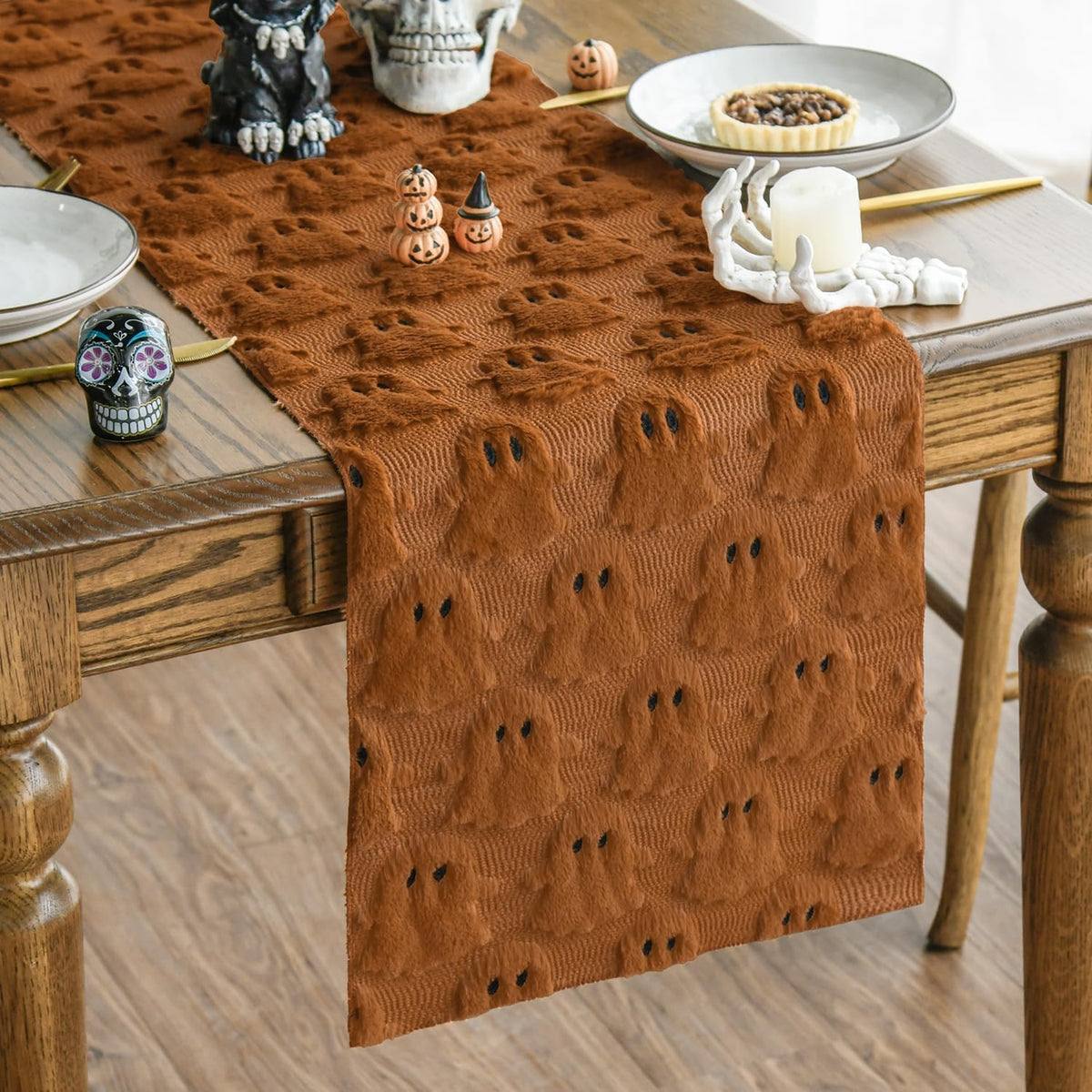 Artoid Mode Black Soft Faux Fur Ghost Halloween Table Runner 13x90 Inch