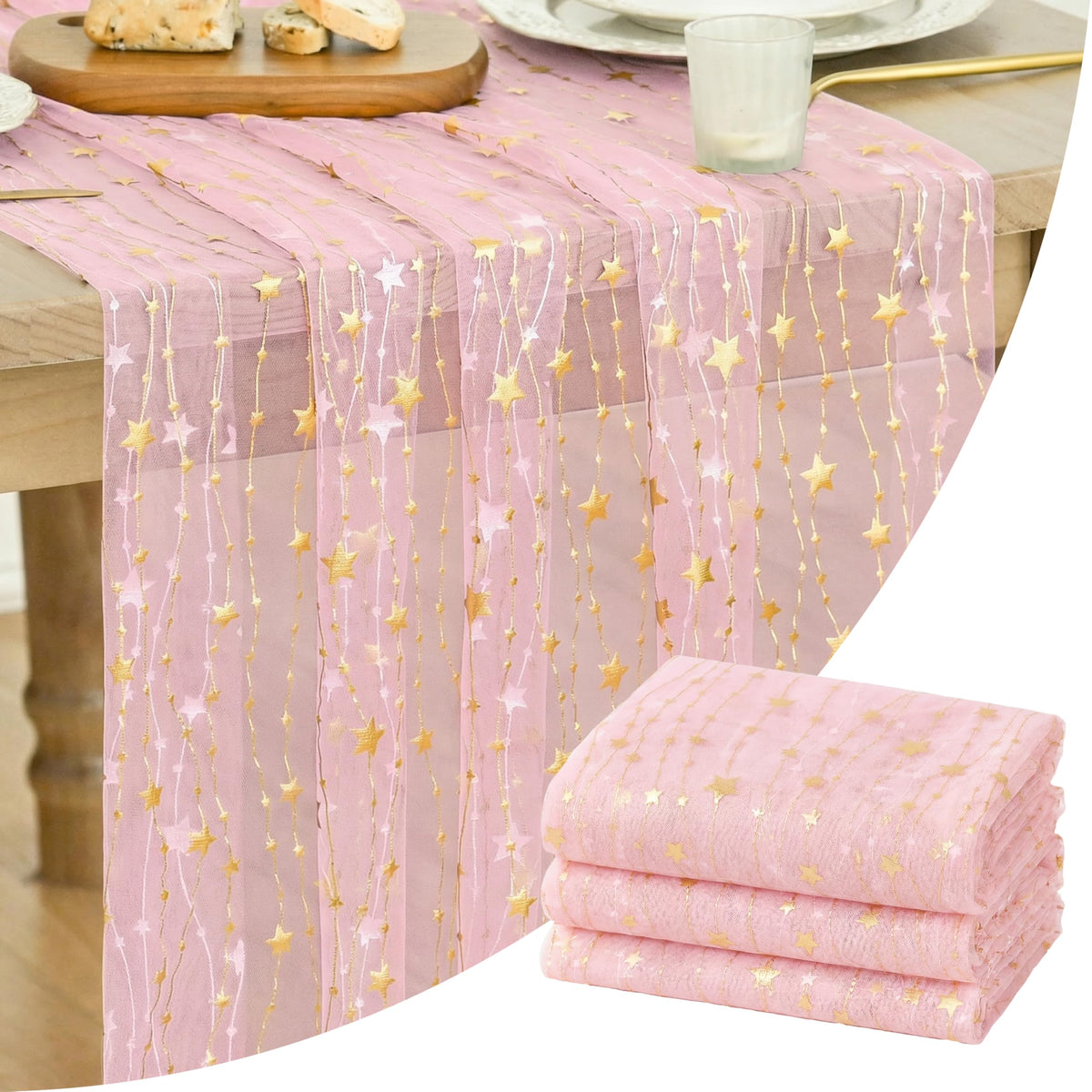 Artoid Mode Stars Pink Gauze Table Runner 10FT, Glitter Metallic Foil Sheer Dining Wedding Anniversary Holiday Birthday Table Decor for Home Party
