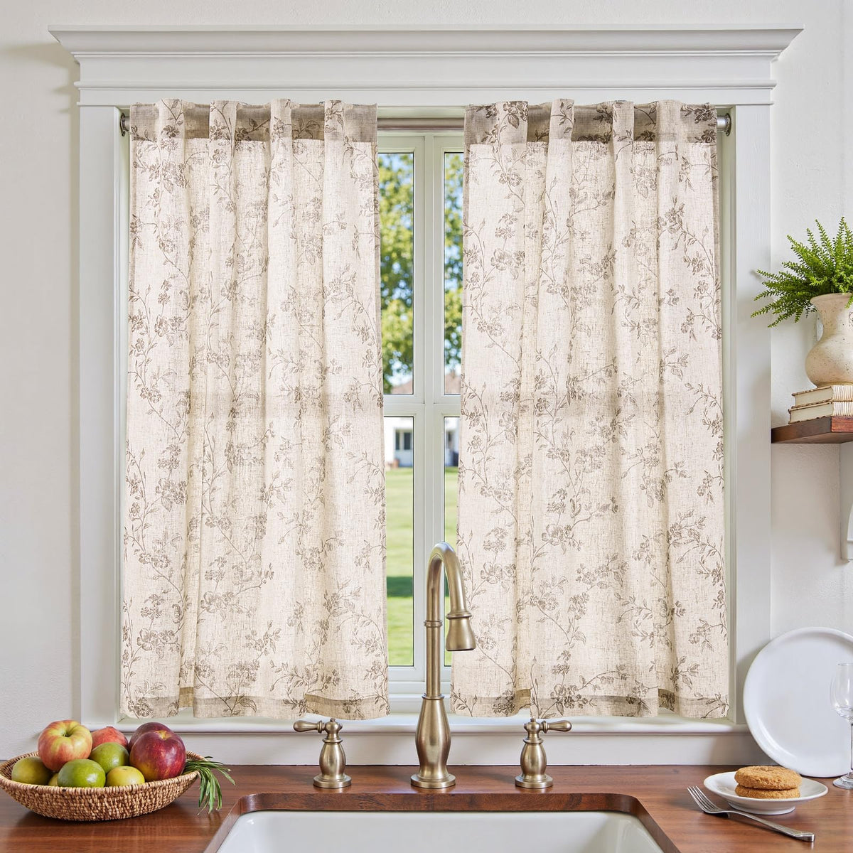 jinchan Floral Linen Kitchen Tier Curtains, 36 Inch, 2 Panels, Green