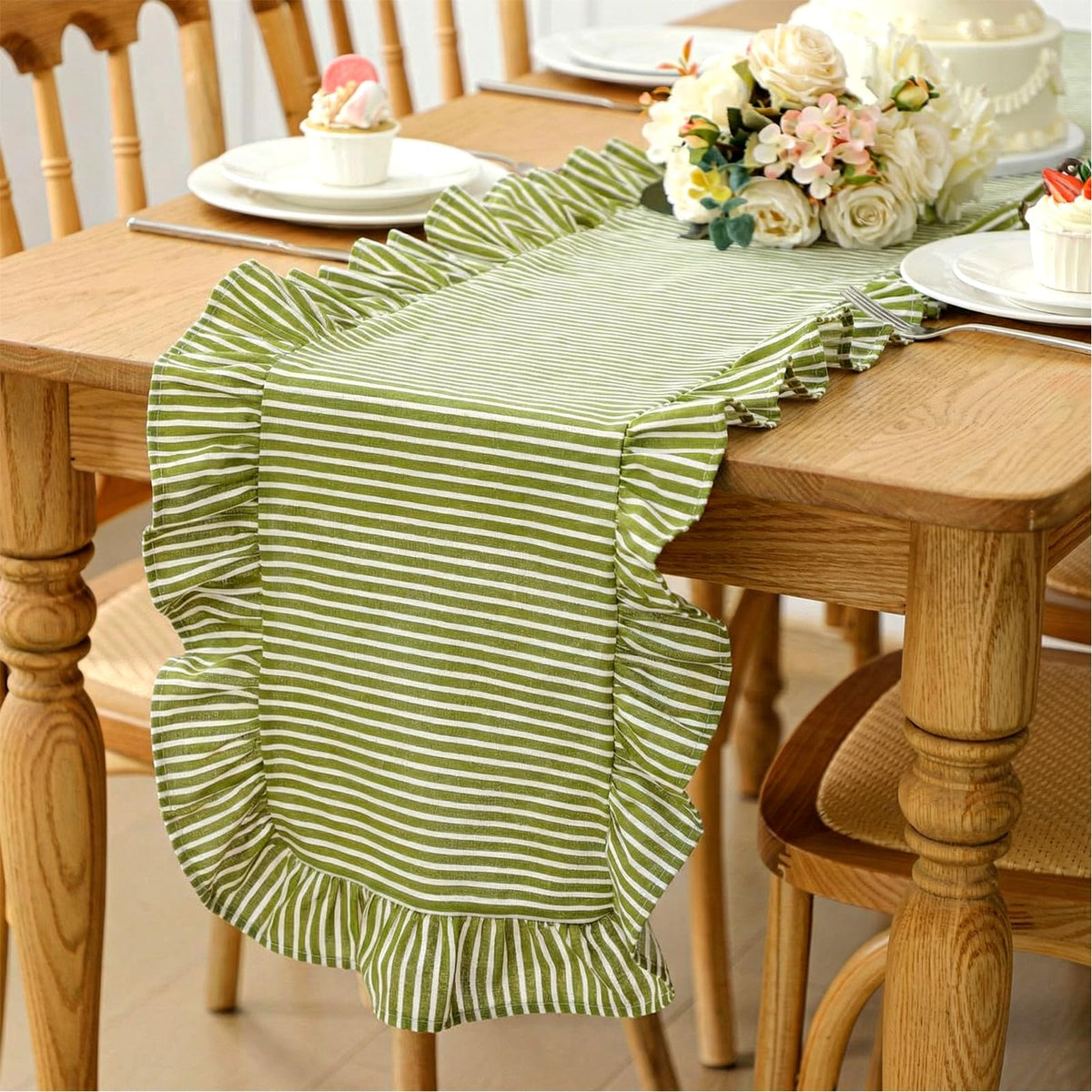 Ruffled Table Runner, Vertical Stripe Yellow, Natural Cotton