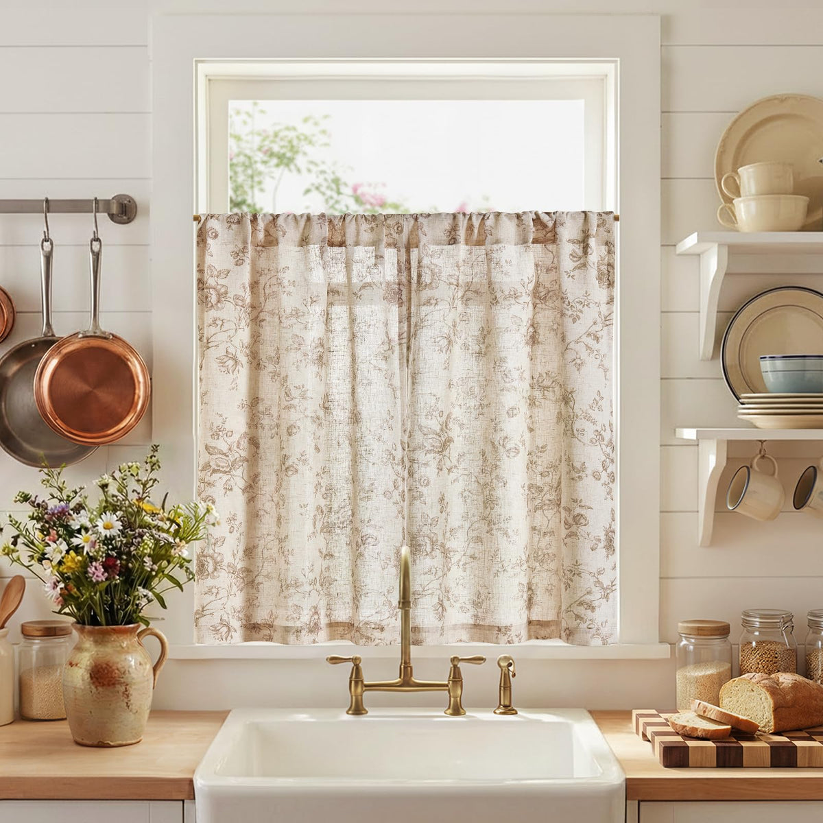jinchan Floral Linen Kitchen Tier Curtains, 36 Inch, 2 Panels, Green