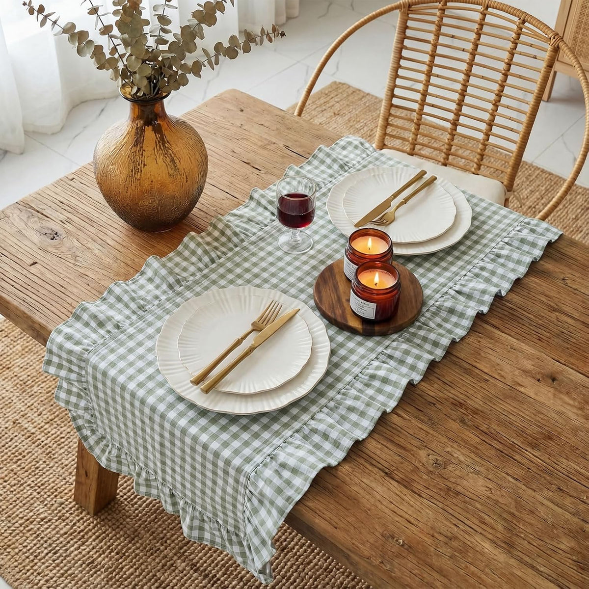 HunnmingRe 1 Pc Gingham Table Runner Green, 118 X 13.8 Inch