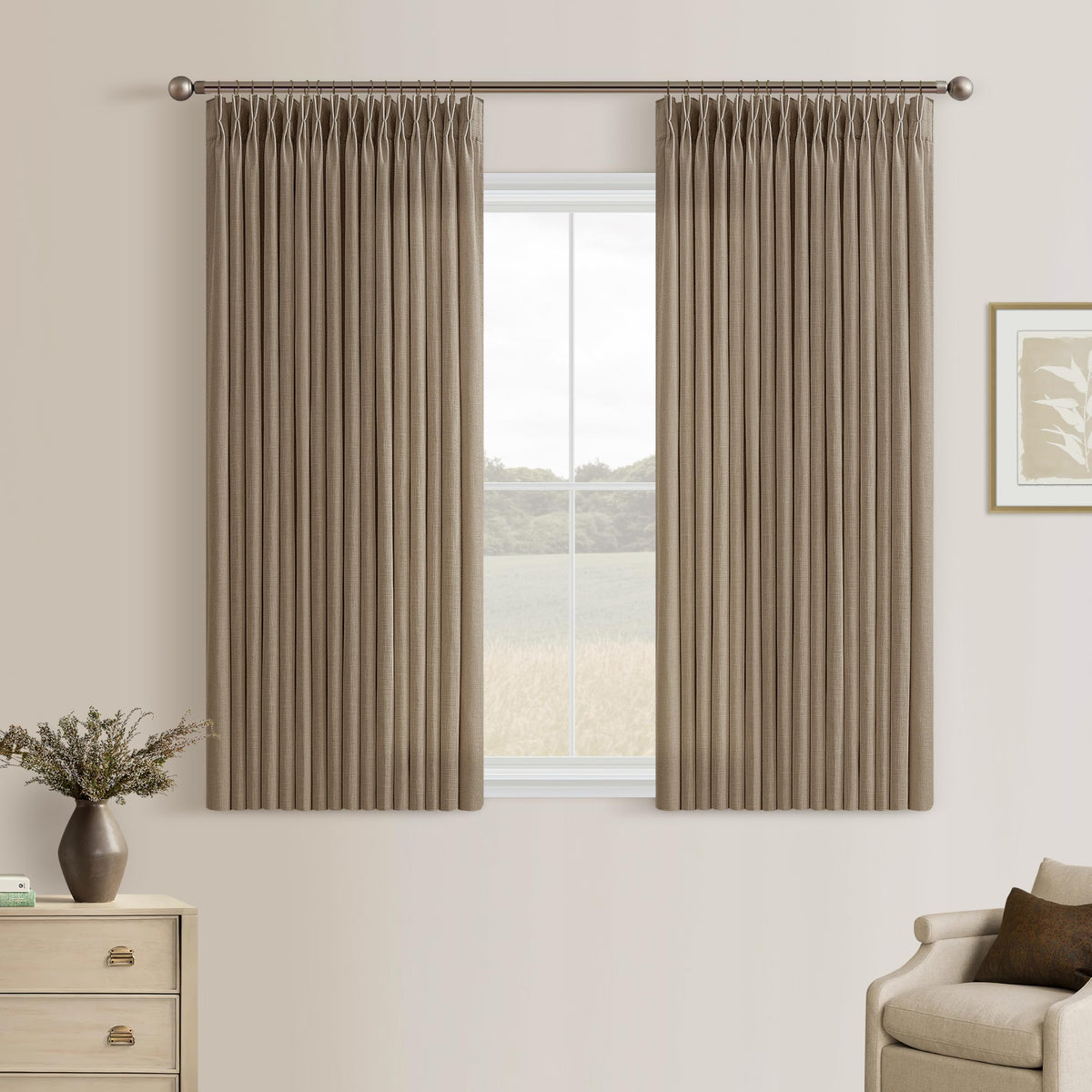 Natural Pinch Pleated Linen Blend Semi Sheer Window Curtains 90 Inches Long