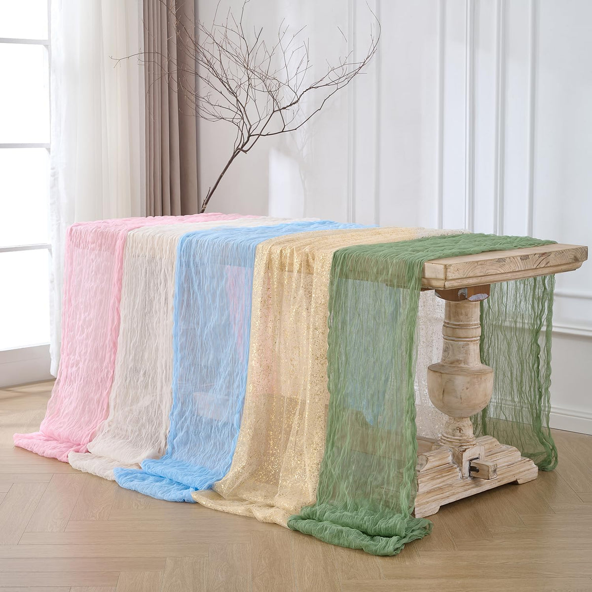 12PC Gold Gauze Table Runner 120 Inch 10FT Dining Wedding Baby Shower Holiday Birthday Sparkly Sheer Tulle Table Décor