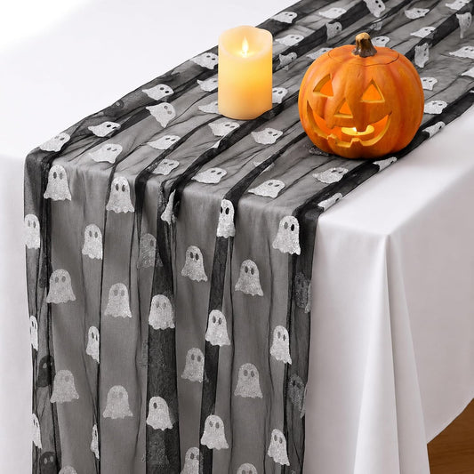 120'' x 29'' Halloween Mesh Ghost Table Runner, Black Sheer Gauze Tulle