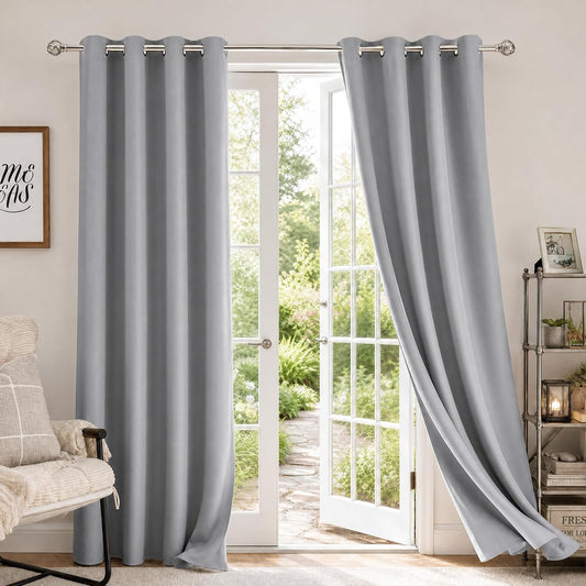 HOMEIDEAS Blackout Curtains for Bedroom 52 X 84 Inch Long 2 Panels Set Light Grey/Gray Room Darkening Curtains/Drapes, Soundproof Thermal Grommet Window Curtains for Living Room