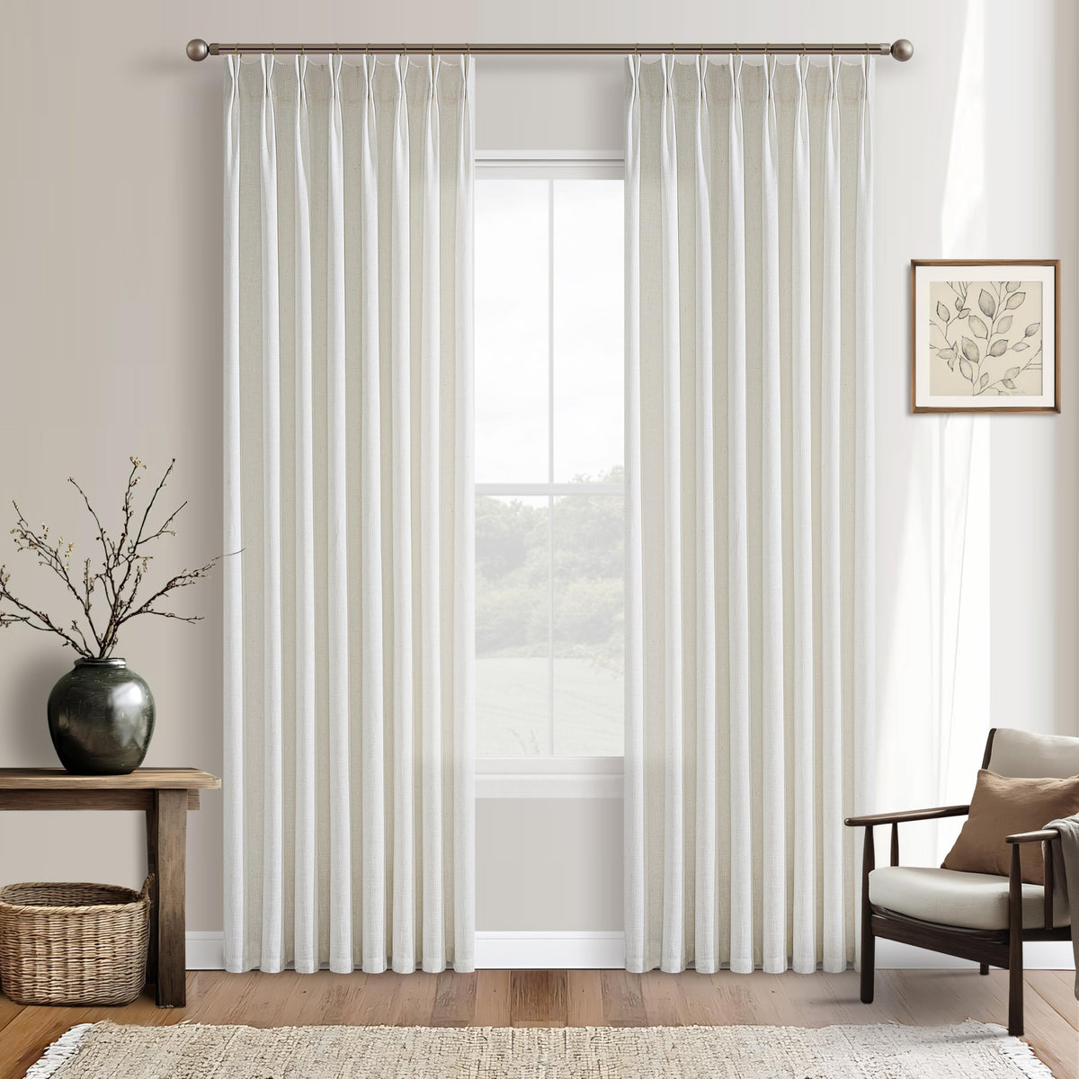 Natural Pinch Pleated Linen Blend Semi Sheer Window Curtains 90 Inches Long