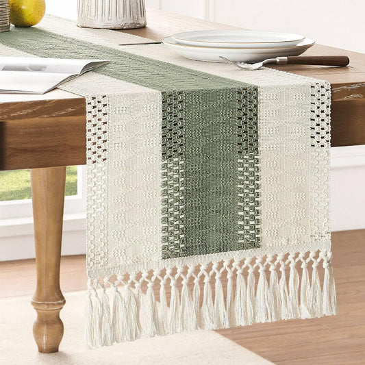 ZeeMart Macrame Style Bicolor Stitching Table Runner 14x72in Green