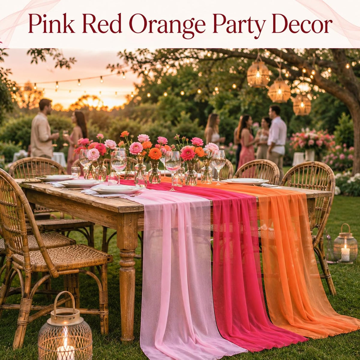 6Pcs Pink Red Orange Party Decor Table Runner Set 12 X 118in Boho Hot Pink Red Orange Fabric Tablecloth Sunset Party Table Covers for Wedding Bridal Shower Birthday Dawn Sunset Grad Parties Supplies
