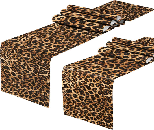 4 PCS Linen Leopard Print Table Runner 71 x 13'' Rustic Cottage Country Farm Safari Wildlife Fur Print Table Runners for Table Dresser Runner Dinning Kitchen Party Holidays Home