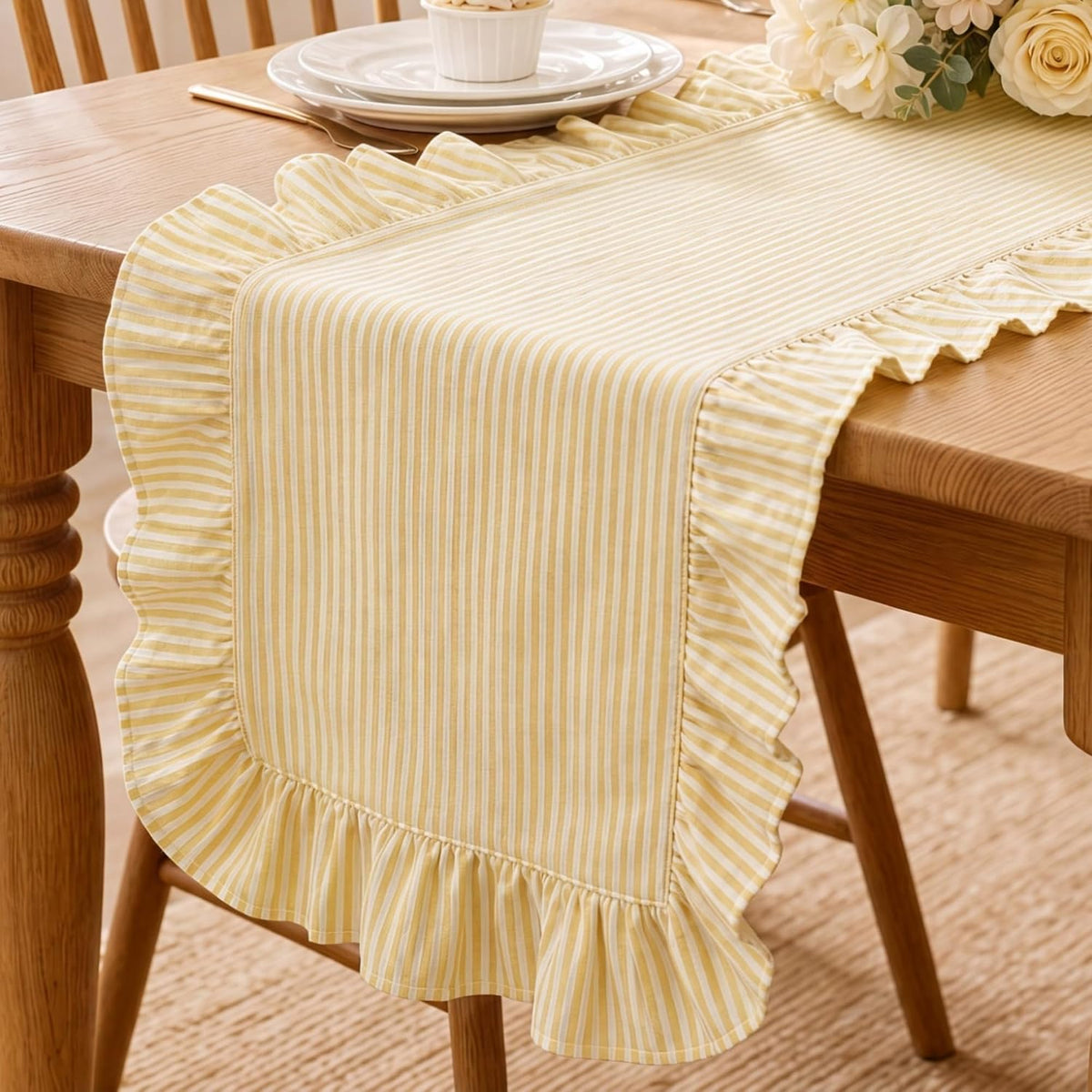 Ruffled Table Runner, Vertical Stripe Yellow, Natural Cotton