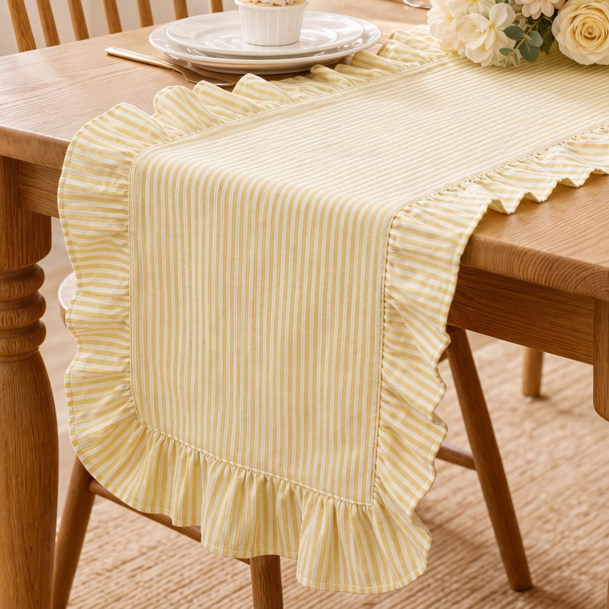 Ruffled Table Runner, Vertical Stripe Yellow, Natural Cotton