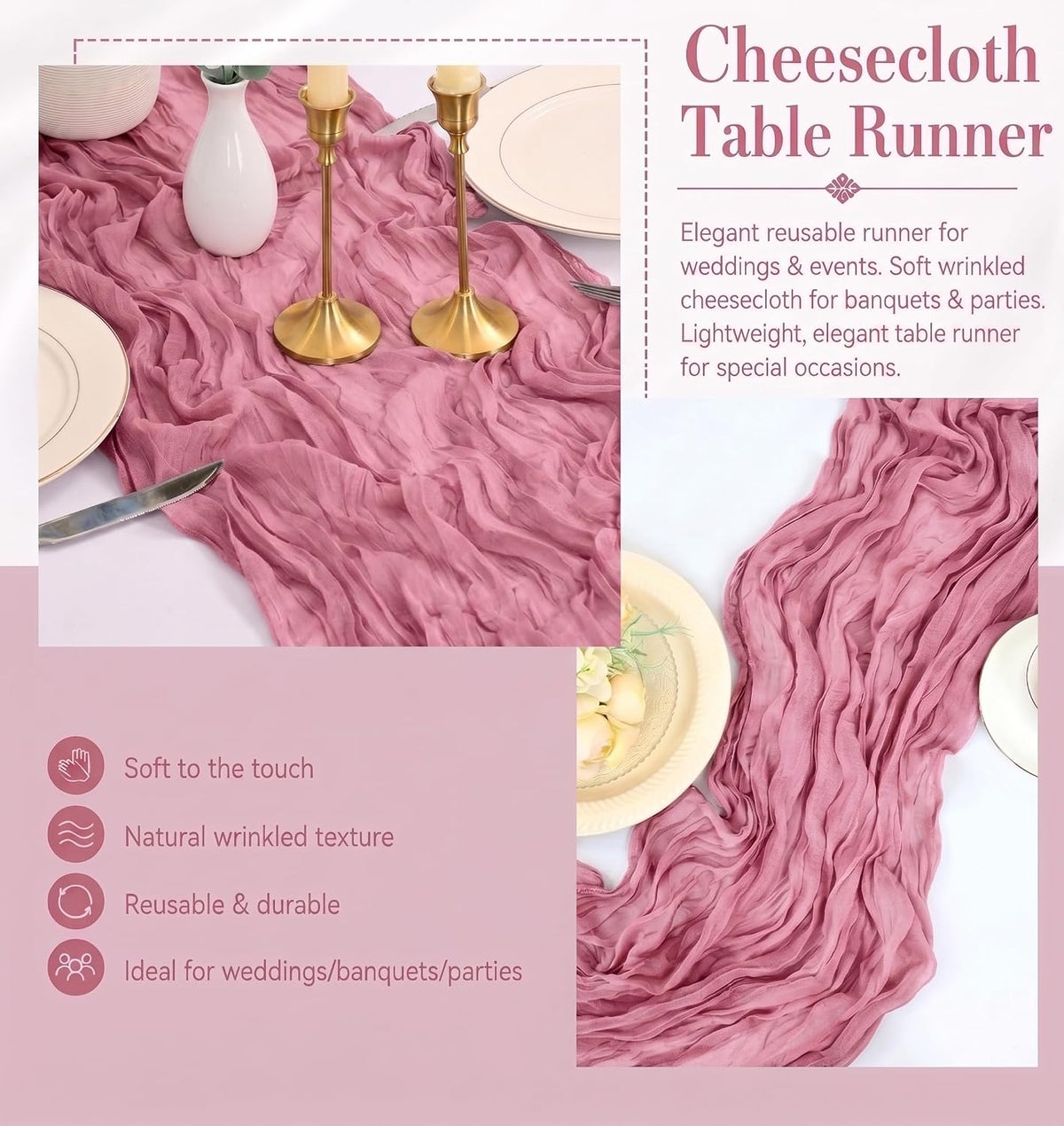 12 Pack Dusty Rose Cheesecloth Table Runner 17x108 Inch Boho Rustic Semi Sheer Gauze Cheese Cloth Table Runner for Wedding Bridal Shower Baby Shower Party Farmhouse Dining Table Decor
