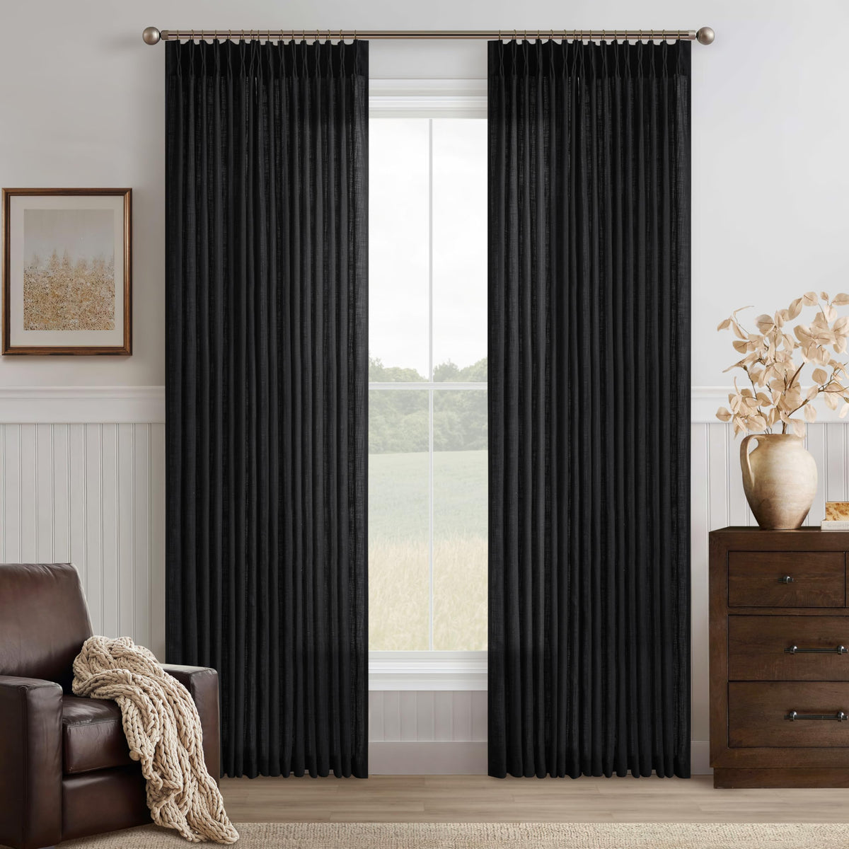 Natural Pinch Pleated Linen Blend Semi Sheer Window Curtains 90 Inches Long