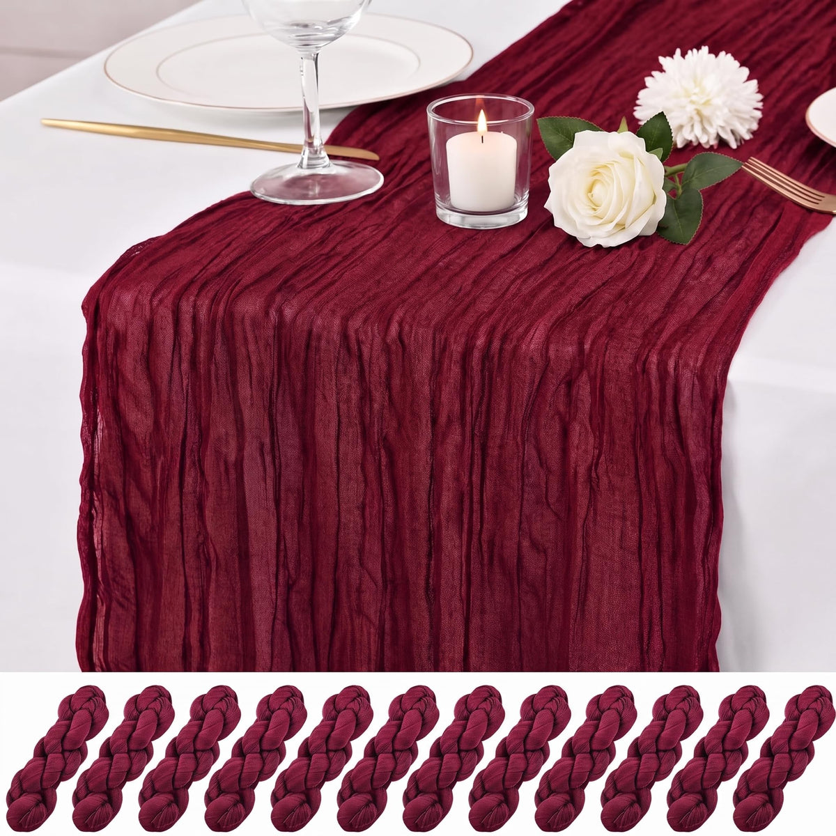 12 Pack Dusty Rose Cheesecloth Table Runner 17x108 Inch Boho Rustic Semi Sheer Gauze Cheese Cloth Table Runner for Wedding Bridal Shower Baby Shower Party Farmhouse Dining Table Decor