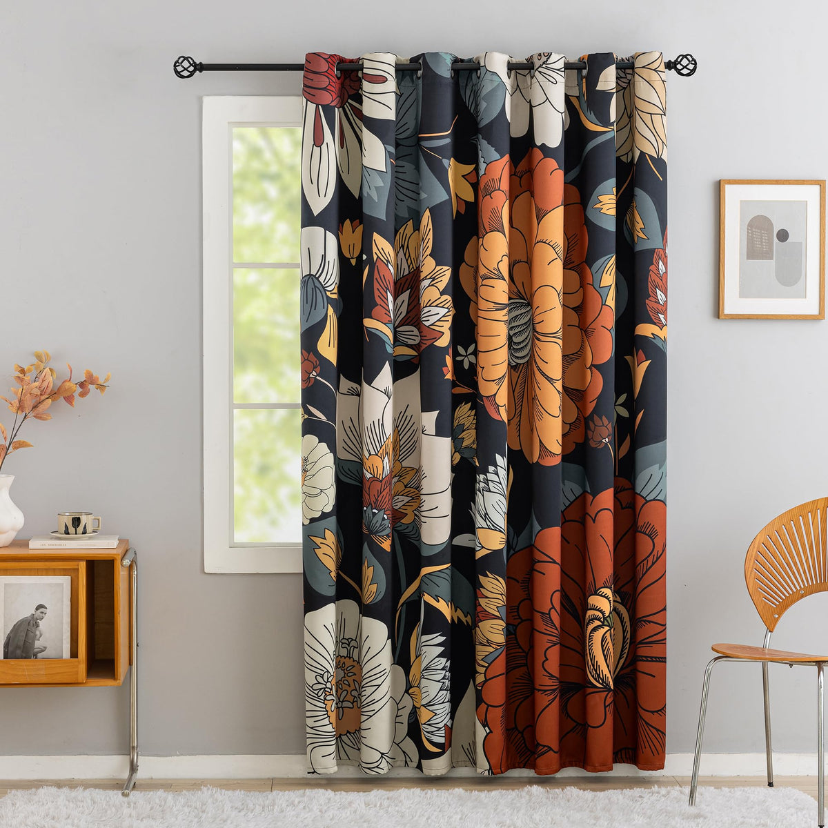 Tyrot Black Boho Floral Grommet Blackout Curtains, 52W x 84L, 2 Panels