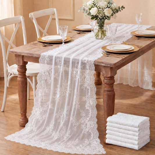 Remagr 6 Pcs White Lace Table Runners 30" x 120" Floral Wedding Decor