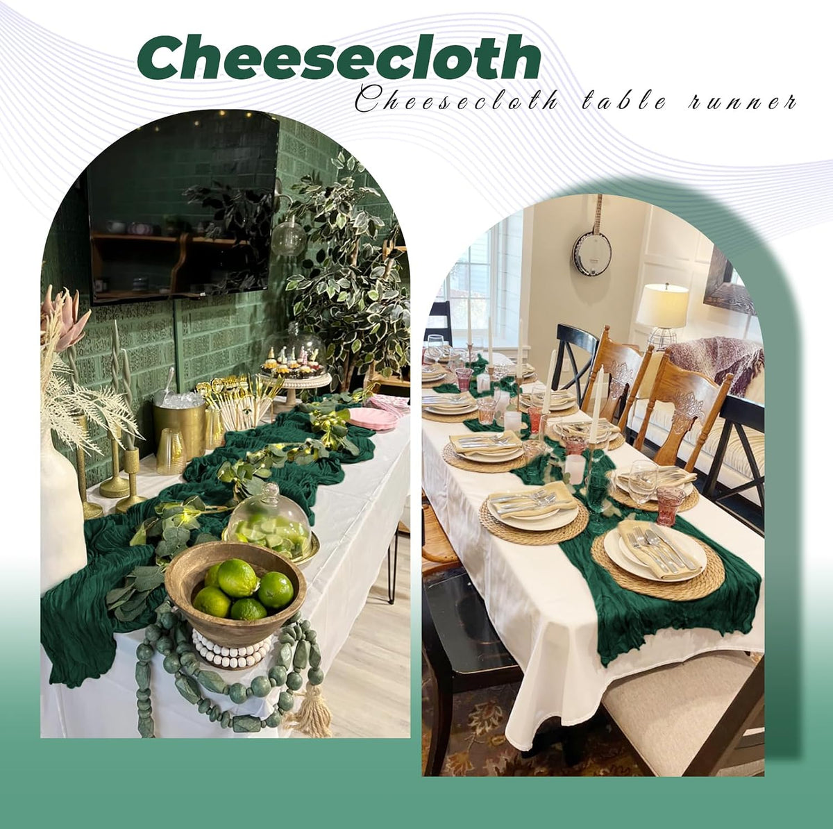 12 Pack Emerald Green Cheesecloth Table Runner 20 x 120 Inch Gauze Table Runner Fabric Semi Sheer Cheese Cloth Table Decor Bulk for Rustic Romantic Wedding Baby Shower Party Table Decoration
