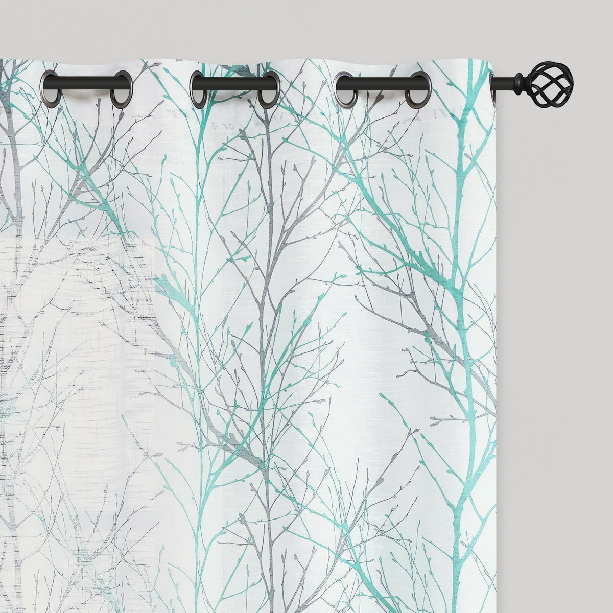 FMFUNCTEX Linen Blue White Semi Sheer Print Curtains 84 Inch Long 2 Panels