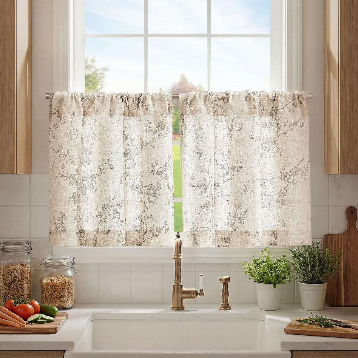 jinchan Floral Linen Kitchen Tier Curtains, 36 Inch, 2 Panels, Green
