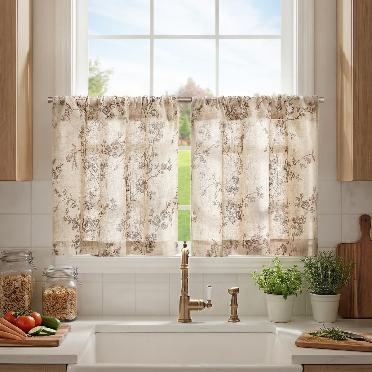 jinchan Floral Linen Kitchen Tier Curtains, 36 Inch, 2 Panels, Green