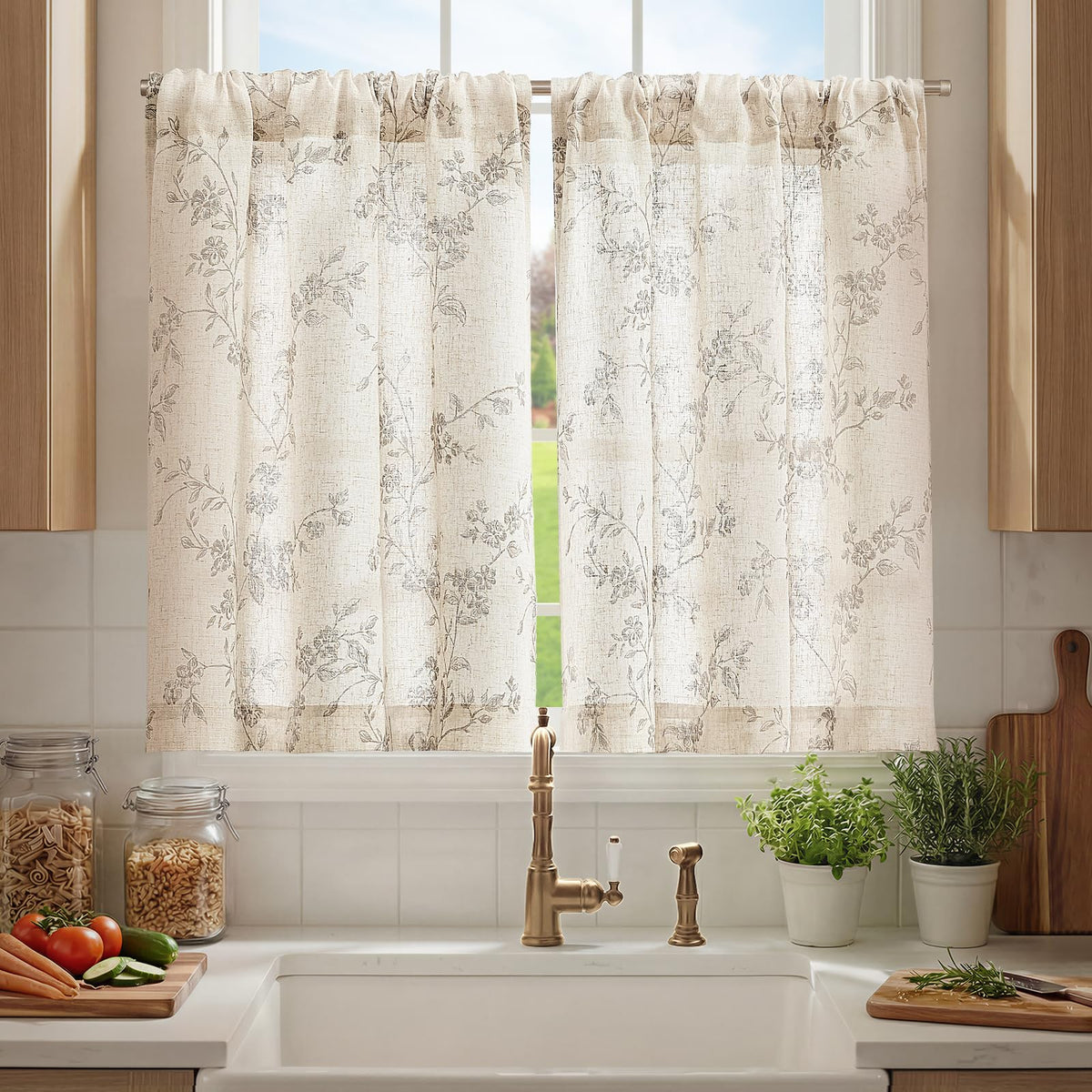 jinchan Floral Linen Kitchen Tier Curtains, 36 Inch, 2 Panels, Green