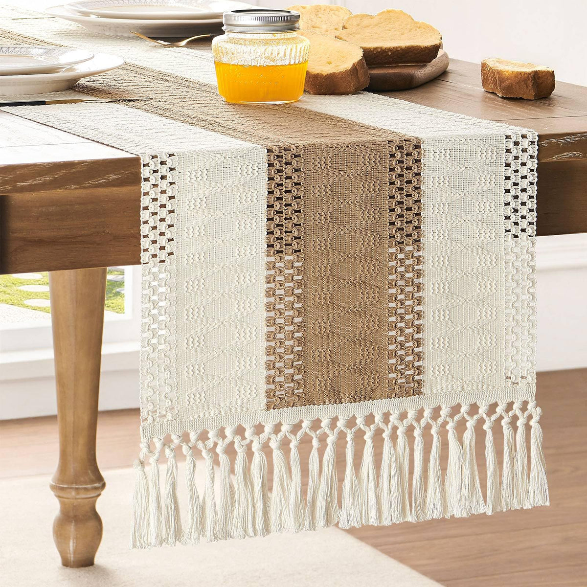 ZeeMart Macrame Style Bicolor Stitching Table Runner 14x72in Green