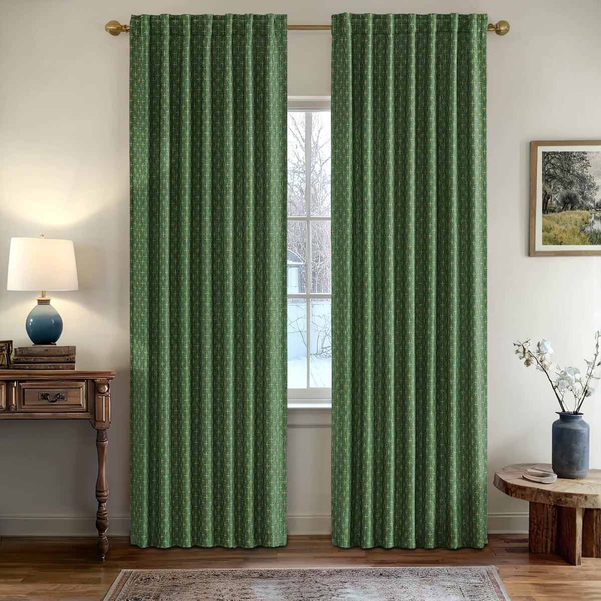 MIULEE Christmas Farmhouse Linen Curtains, Back Tab, 52Wx84L, Olive Green