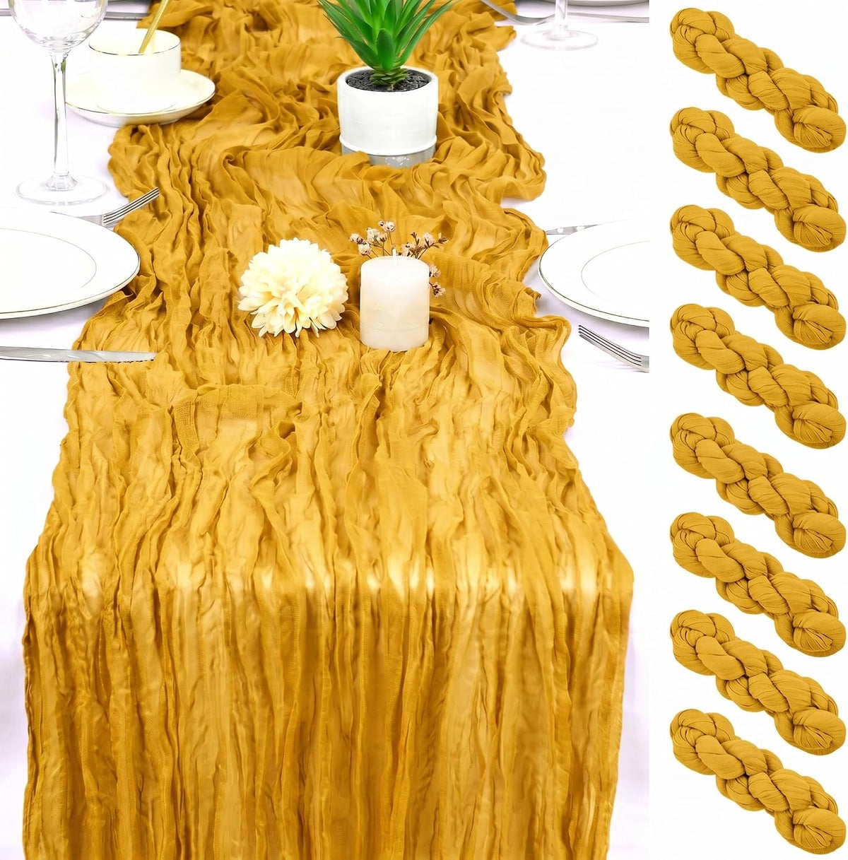 8 Pack Gold Cheesecloth Table Runner 17x108 inch Boho Gauze Cheese Cloth Table Runners for Wedding Party Baby Bridal Shower Home Decor