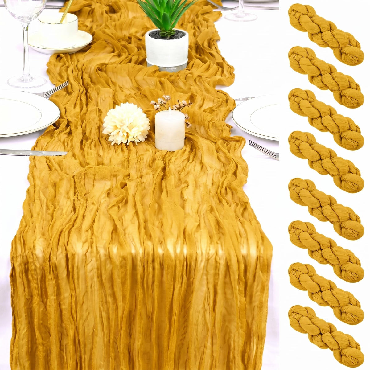 8 Pack Gold Cheesecloth Table Runner 17x108 inch Boho Gauze Cheese Cloth Table Runners for Wedding Party Baby Bridal Shower Home Decor