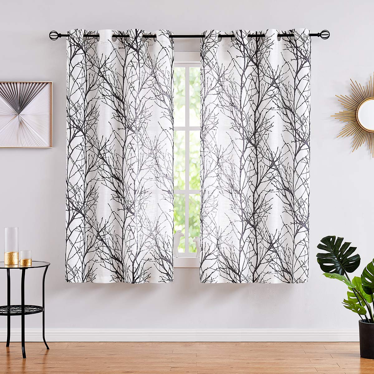 FMFUNCTEX Linen Blue White Semi Sheer Print Curtains 84 Inch Long 2 Panels