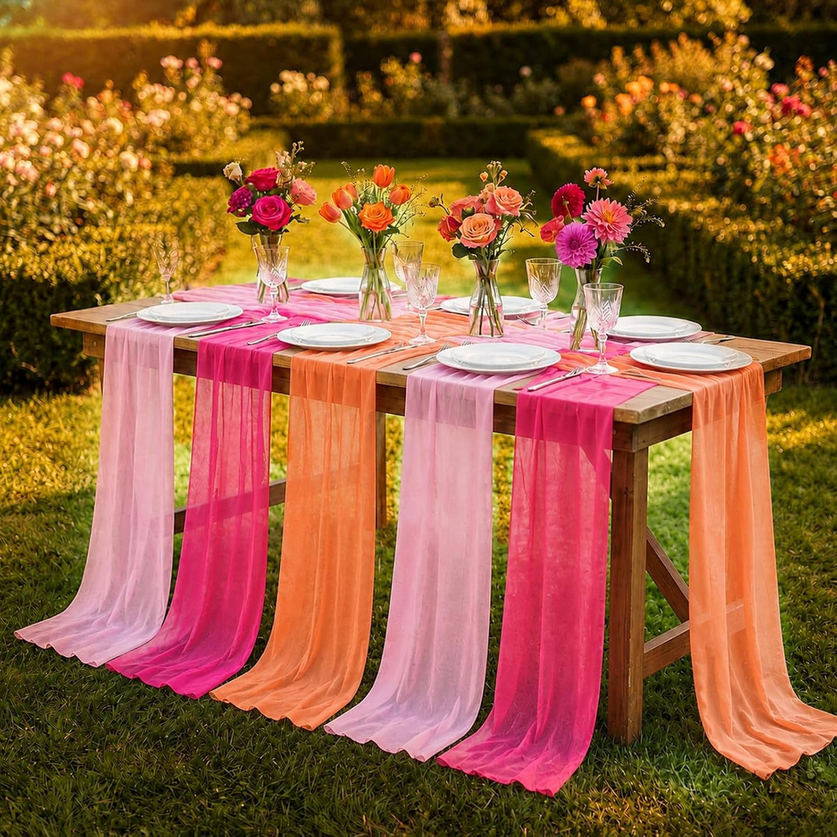 6Pcs Pink Red Orange Party Decor Table Runner Set 12 X 118in Boho Hot Pink Red Orange Fabric Tablecloth Sunset Party Table Covers for Wedding Bridal Shower Birthday Dawn Sunset Grad Parties Supplies