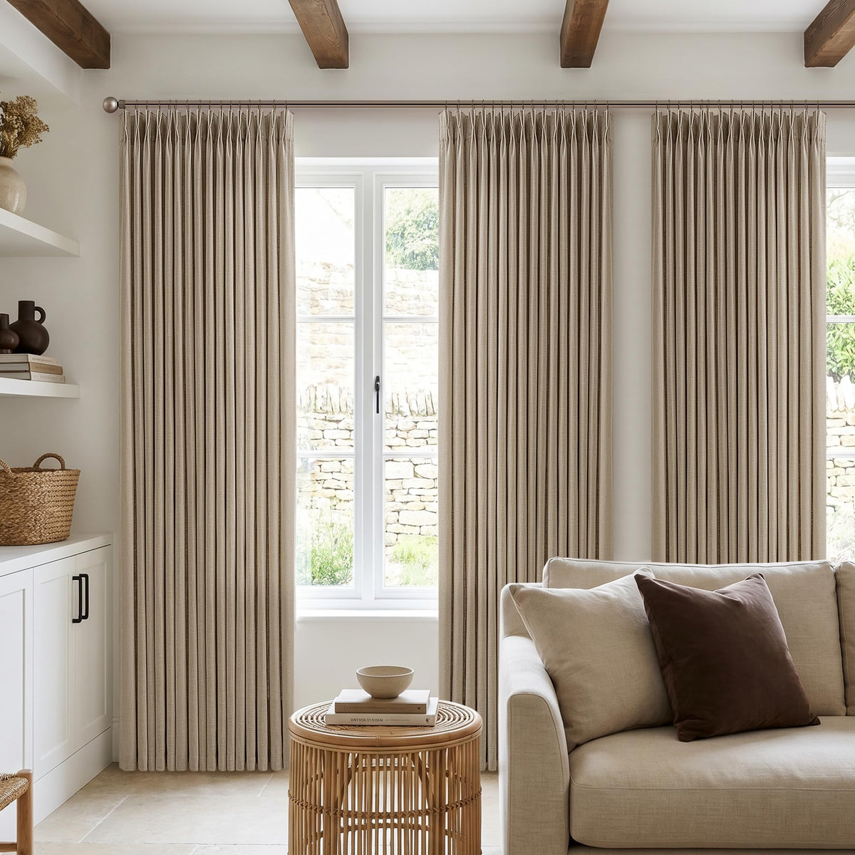 Natural Pinch Pleated Linen Blend Semi Sheer Window Curtains 90 Inches Long
