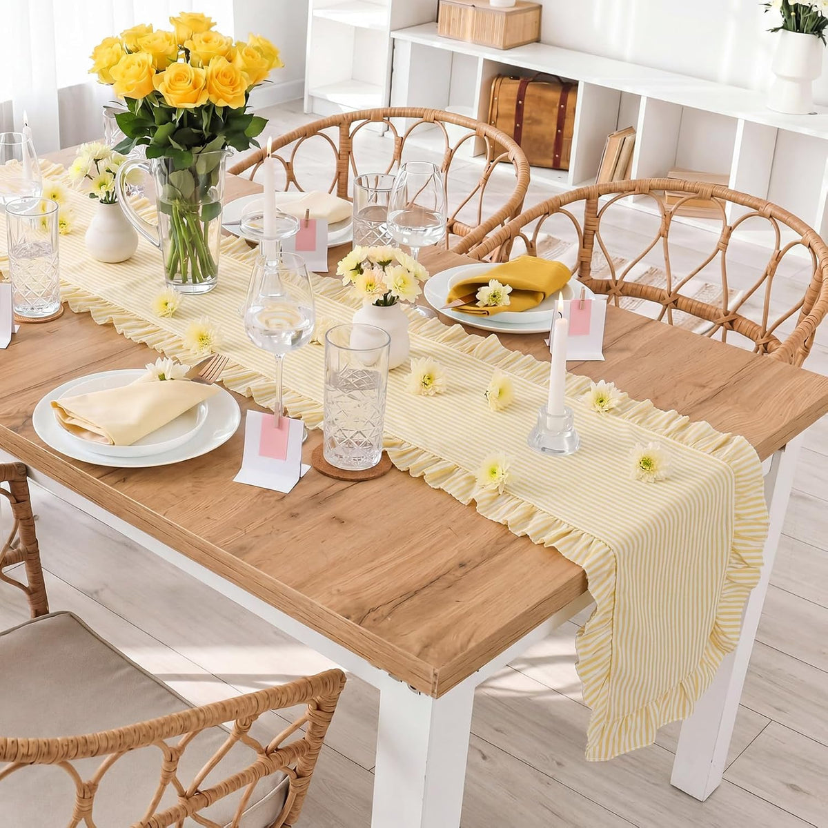 Ruffled Table Runner, Vertical Stripe Yellow, Natural Cotton