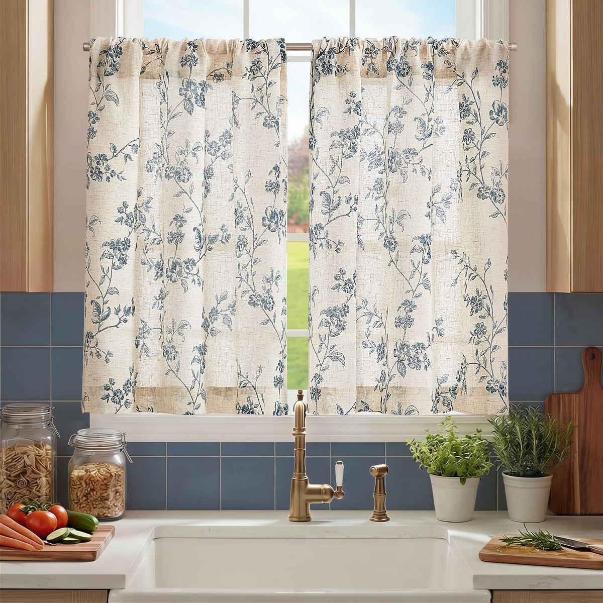 jinchan Floral Linen Kitchen Tier Curtains, 36 Inch, 2 Panels, Green