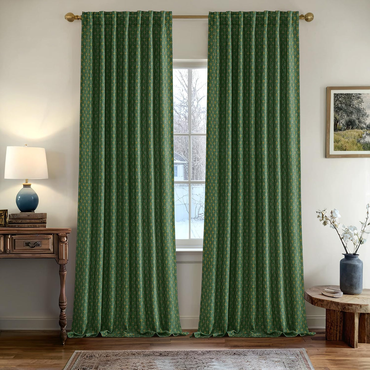 MIULEE Christmas Farmhouse Linen Curtains, Back Tab, 52Wx84L, Olive Green