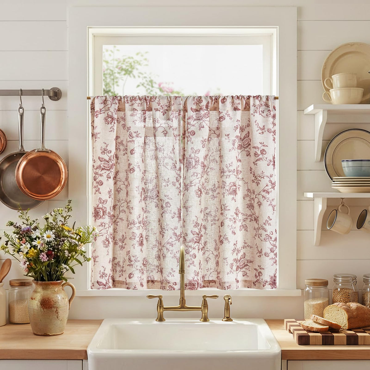 jinchan Floral Linen Kitchen Tier Curtains, 36 Inch, 2 Panels, Green