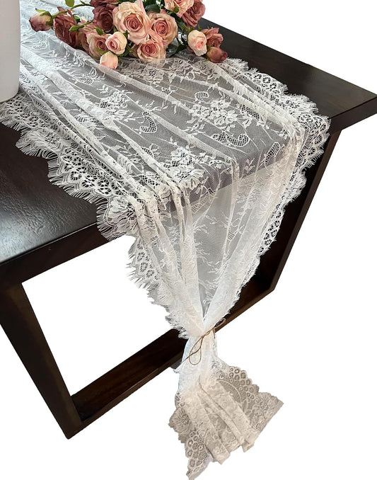 1 Pcs White Lace Table Runner 30 x 120 Inch Vintage Rustic Table Runner for Wedding Bridal Shower Baby Shower Party Decorations Embroidered Boho Lace Table Cloth Runners