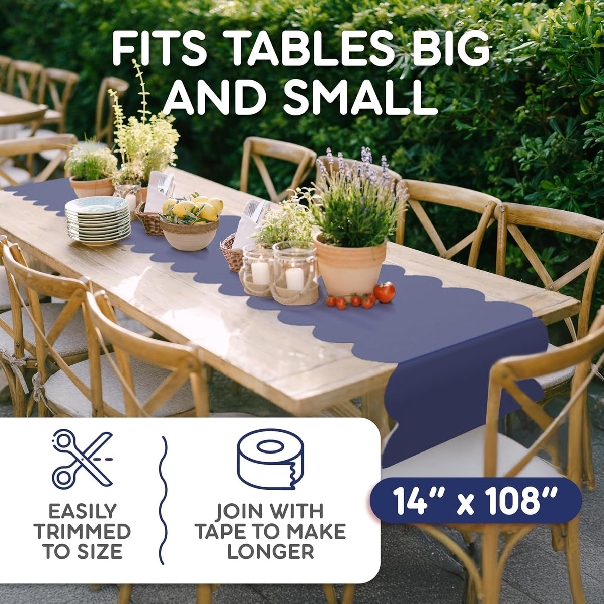 Navy Blue Scallop Table Runner, Disposable Plastic, 5 Pack, 14x108in