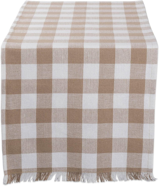 DII Fringed Check Tabletop, Table Runner, 14x72, Stone Brown