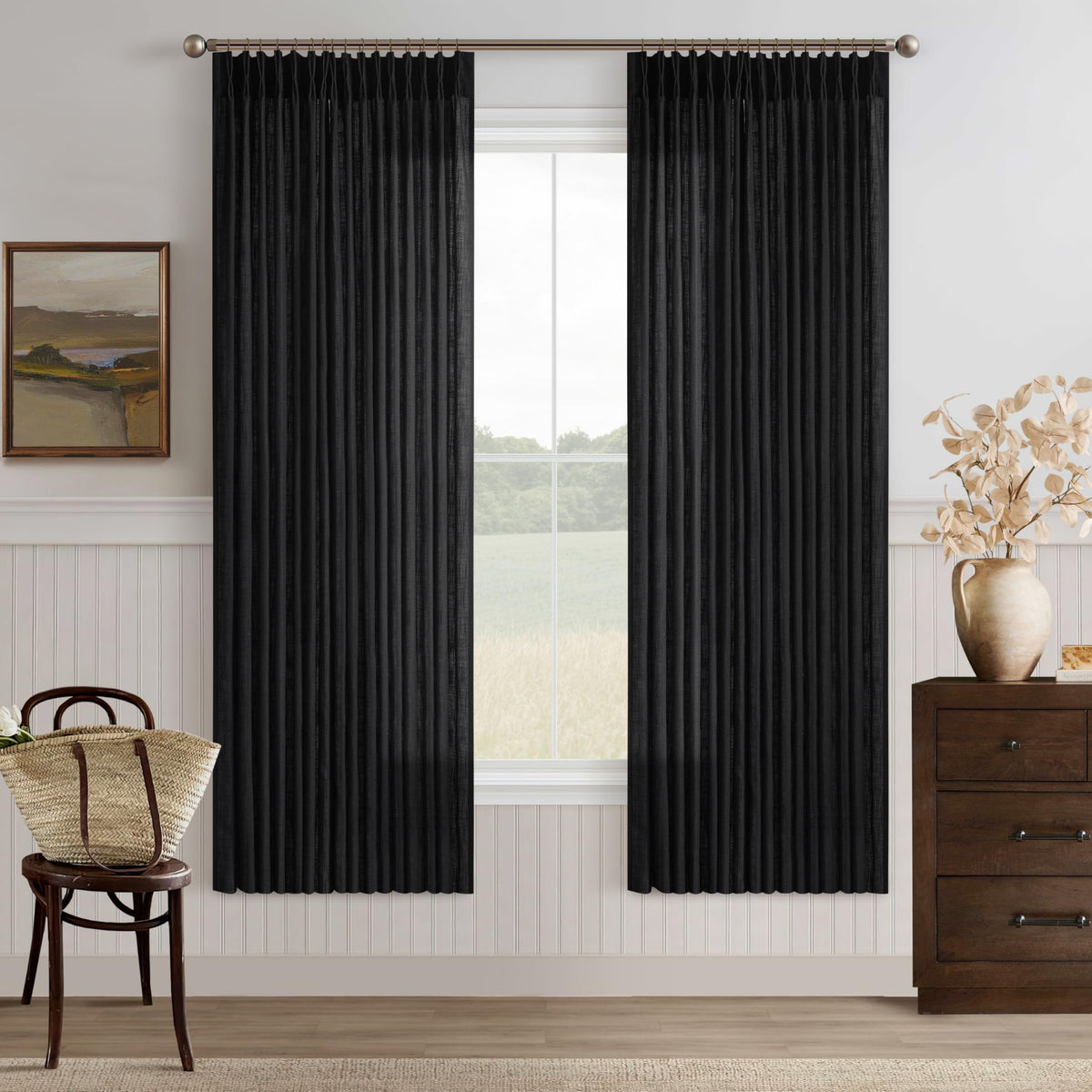 Natural Pinch Pleated Linen Blend Semi Sheer Window Curtains 90 Inches Long