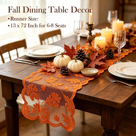 13x72 Inch Rectangle Fall Leaf Table Runner, Easy-to-Clean Fade-Resistant Orange Lace Runner for Home, Thanksgiving Harvest, Wedding Kitchen Dining Party Decorations