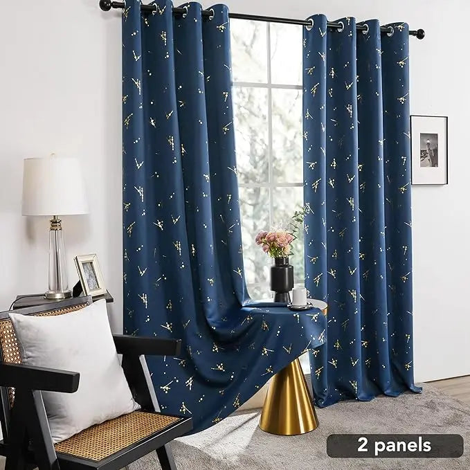 Deconovo 2-Panel Blackout Curtain for Windows - Modern Constellation Style, Gold Star Foil All-Over Print, Thermal Lined, Soundproof Curtains, Silky Smooth Drape, Durable, Machine Washable for Living Room, School Playroom