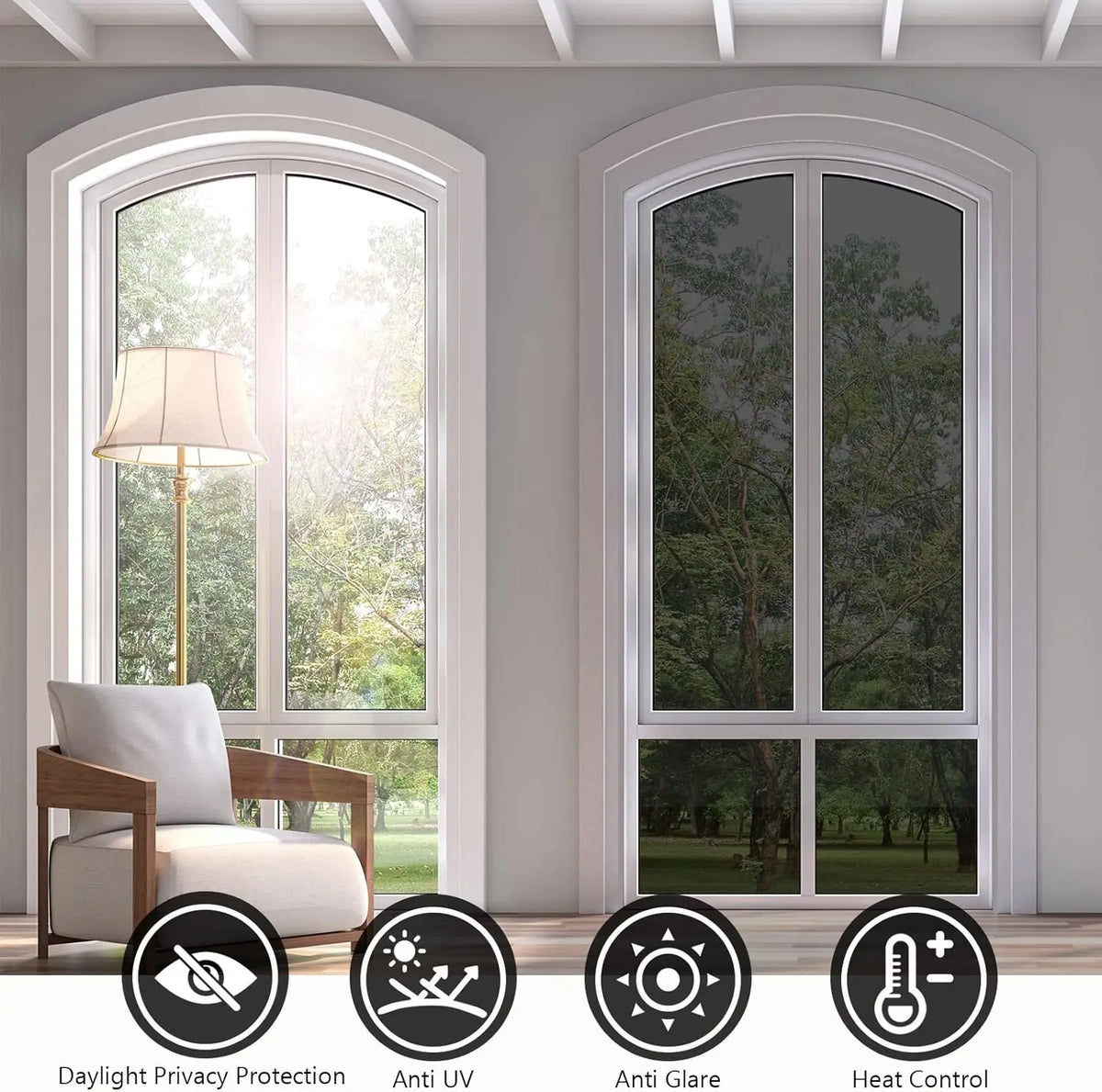 Window Privacy Film One Way Daytime Privacy Static Cling Sun Blocking Anti UV Reflective Window Tint for Home and Office, Black-Silver, 17.5 Inch X 6.5 Feet