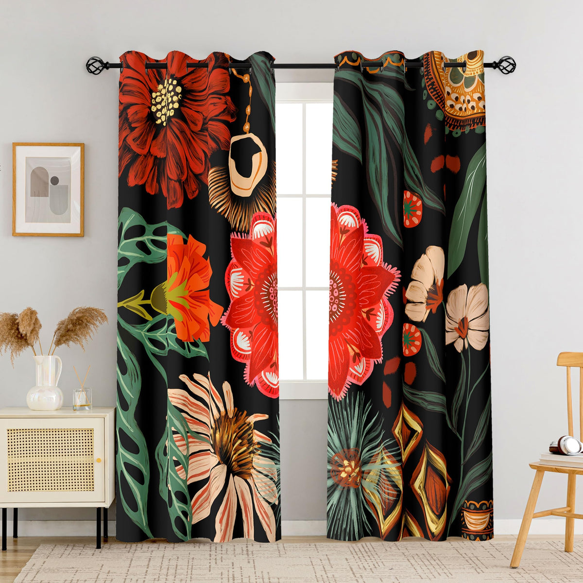 Tyrot Black Boho Floral Grommet Blackout Curtains, 52W x 84L, 2 Panels