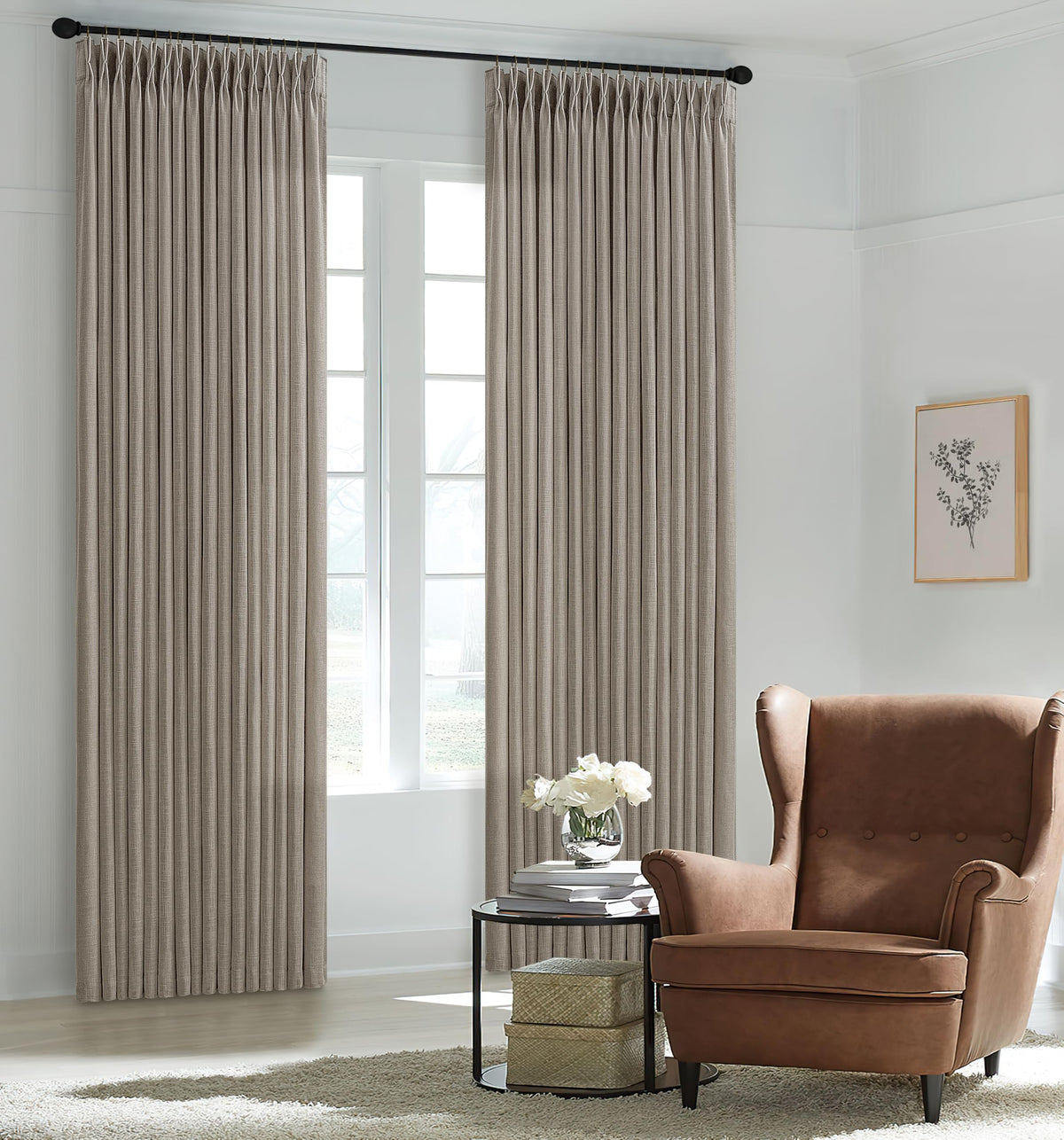 Natural Pinch Pleated Linen Blend Semi Sheer Window Curtains 90 Inches Long